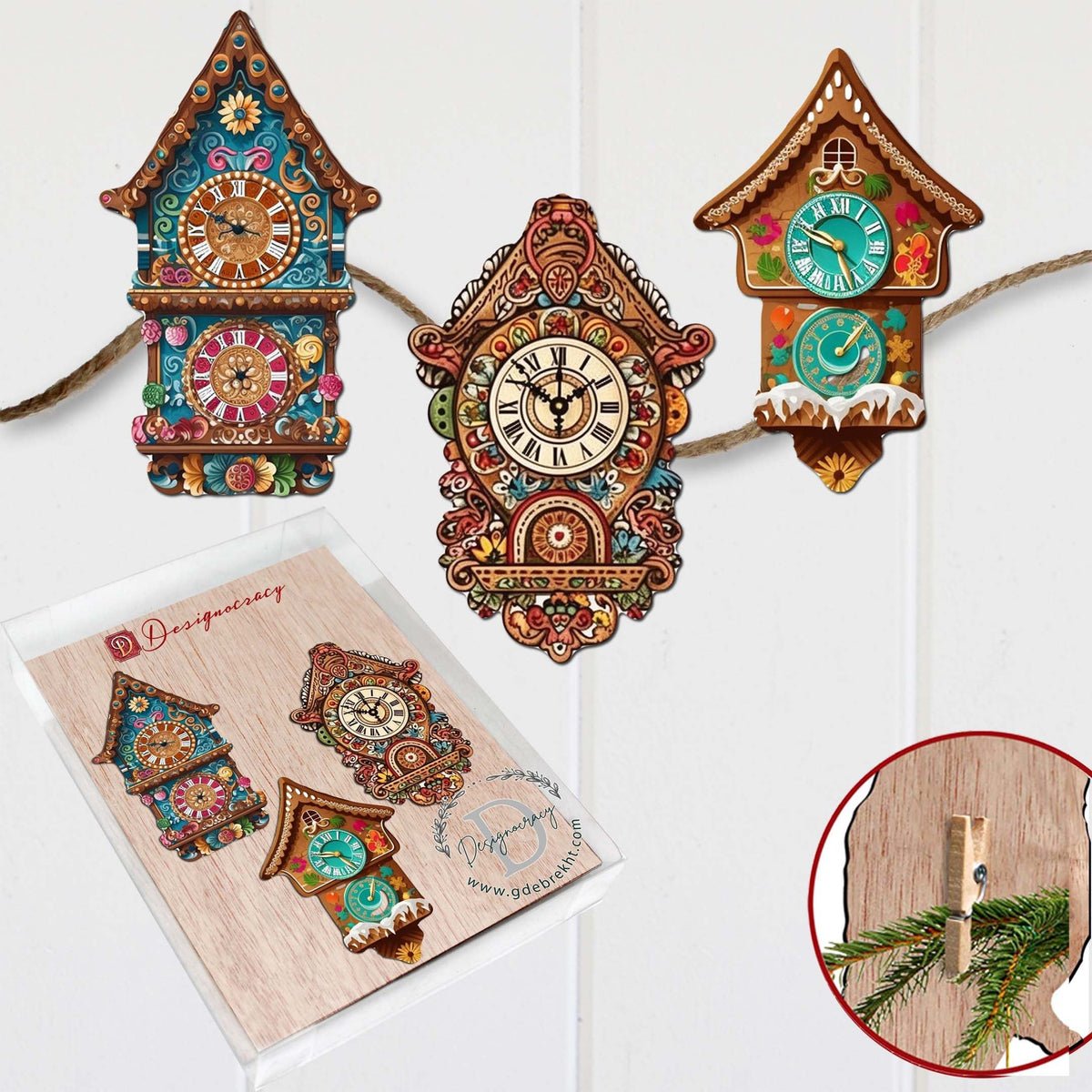 Miniature clock Clip-On Eco Wood Decorative Ornaments Set of 3 by G. Debrekht - Christmas Decor - 8091020C-S3