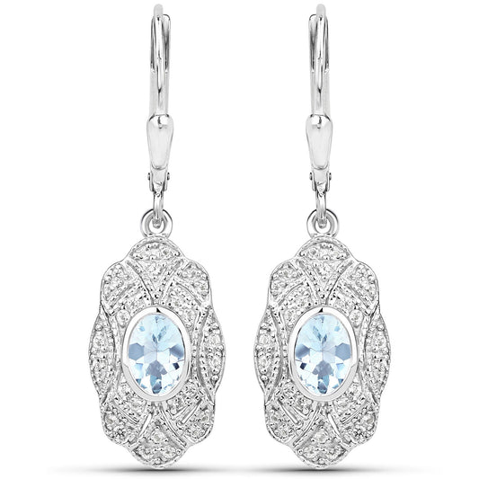 0.96 Carat Genuine Aquamarine and White Topaz .925 Sterling Silver Earrings