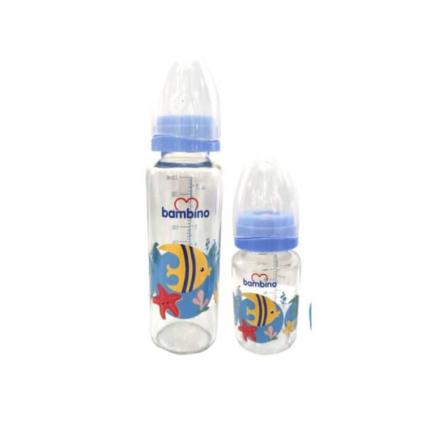 Bambino Baby Bottle Set - 2 Piece Glass Set with Slow Flow Rate, Blue Fish Design