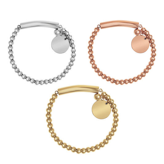 Stainless Steel Beaded Stretch Bracelet with Engravable Charm