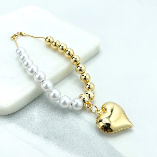 Parure Collier et Bracelet Luxus Accessories en Plaqué Or 18K avec Perles, Billes Dorées et Breloque Cœur Gonflé