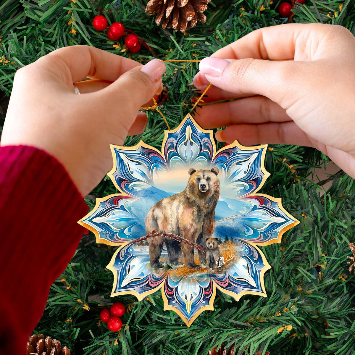 Brown Bear Snowflake Wooden Ornaments by G. Debrekht - Nature Wildlife Decor - 8688409