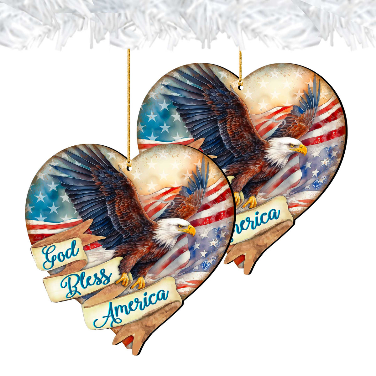 God Bless America Patriotic Eagle Heart Wooden Ornaments by G.Debrekht American Holiday Decor - 8652789