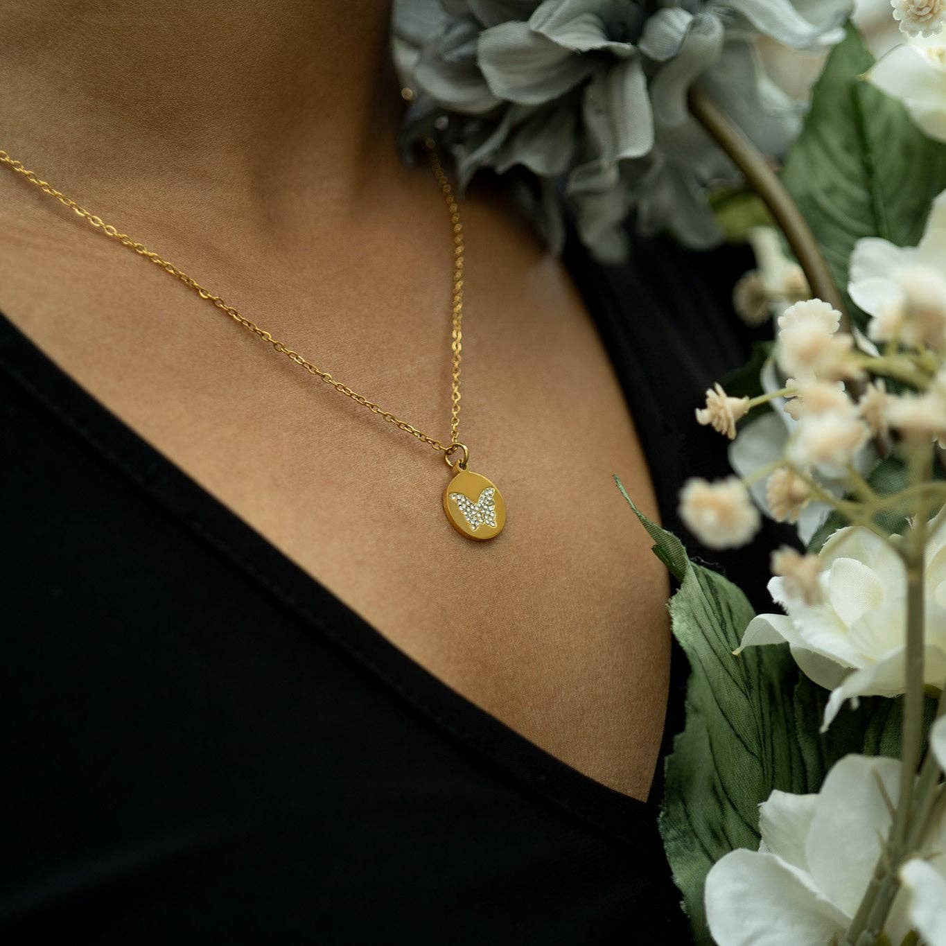 18K Gold PVD Stainless Steel CZ Butterfly Pendant Necklace