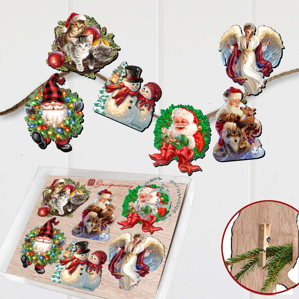 Santa and Friends Clip-On Eco Wood Decorative Ornaments Set of 6 by D. Gelsinger - Christmas Decor - 8090134C-S6