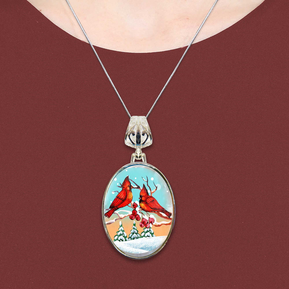Red Robins Silver Plated Mother of Pearl Jewelry Pendant Necklace - 44036