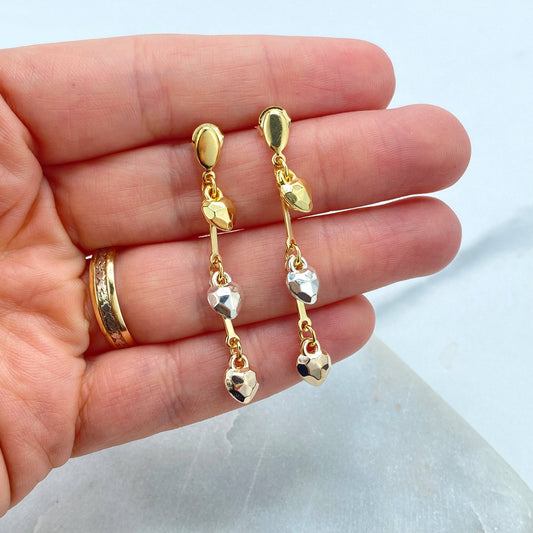 Luxus Accessories 18K Gold Filled Dangle and Drop Earrings with Tri-Tone Hearts, Three-Tone Hearts Earrings, Drop Hearts Earrings