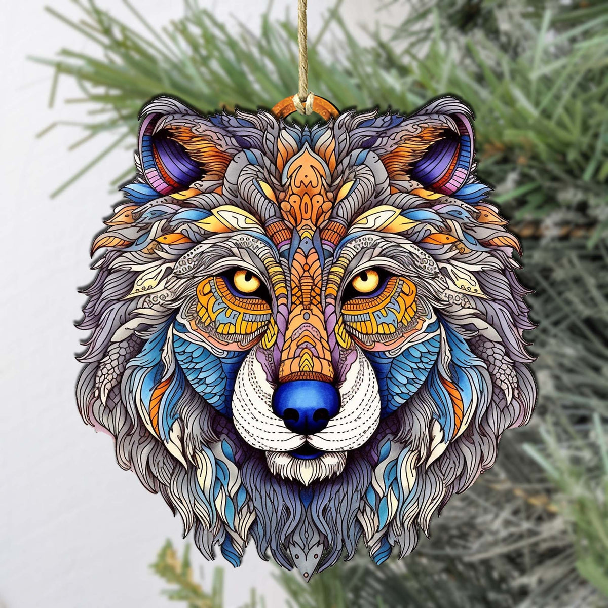 Ornamental Wolf Face Wooden Ornaments by G.Debrekht - Wildlife Holiday Decor - 8710125-2