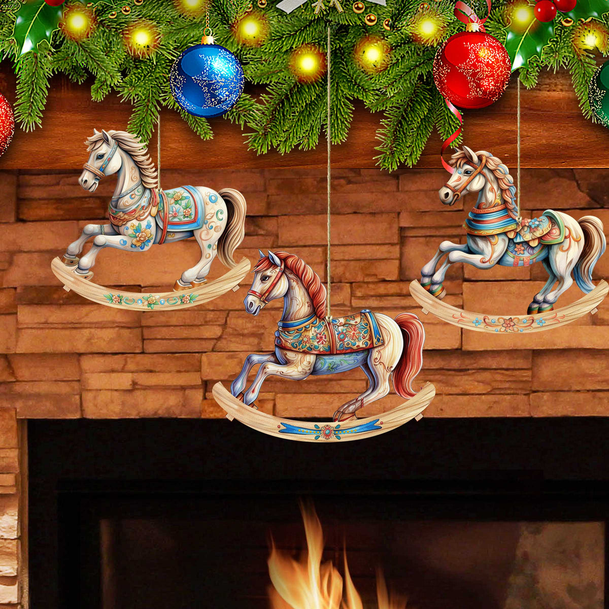 Rocking Horses Wooden Ornaments Set of 3 by G. Debrekht - Christmas Decor - 8100196S3