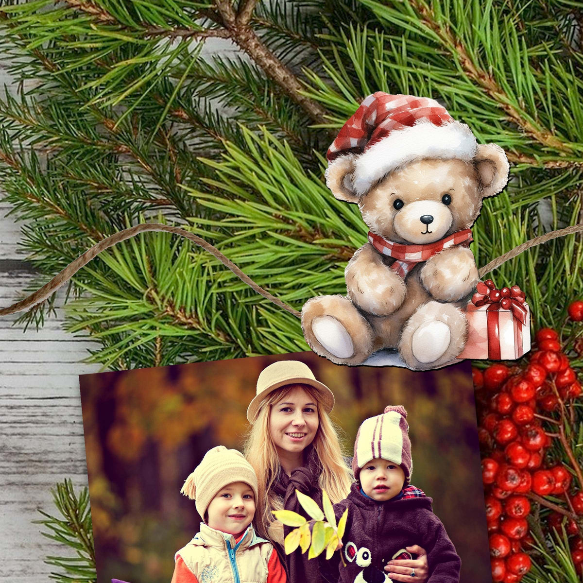 Christmas Teddy Bear Clip-On Eco Wood Decorative Ornaments Set of 3 by G. Debrekht - Christmas Decor - 8091011C-S3
