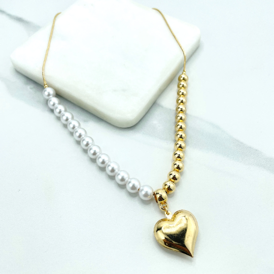 Parure Collier et Bracelet Luxus Accessories en Plaqué Or 18K avec Perles, Billes Dorées et Breloque Cœur Gonflé