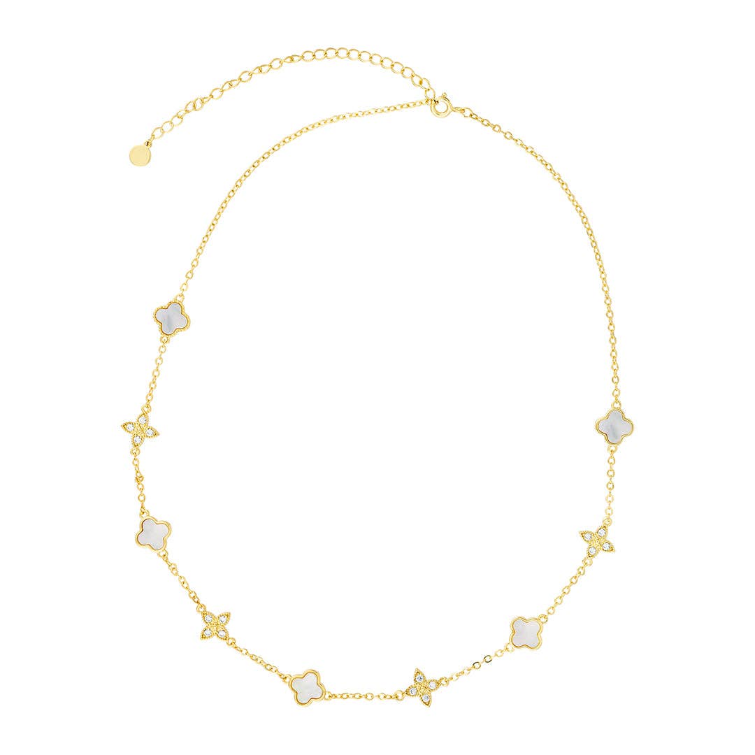 14K Gold Plated Mixed Mother of Pearl and CZ Clover Station Necklace