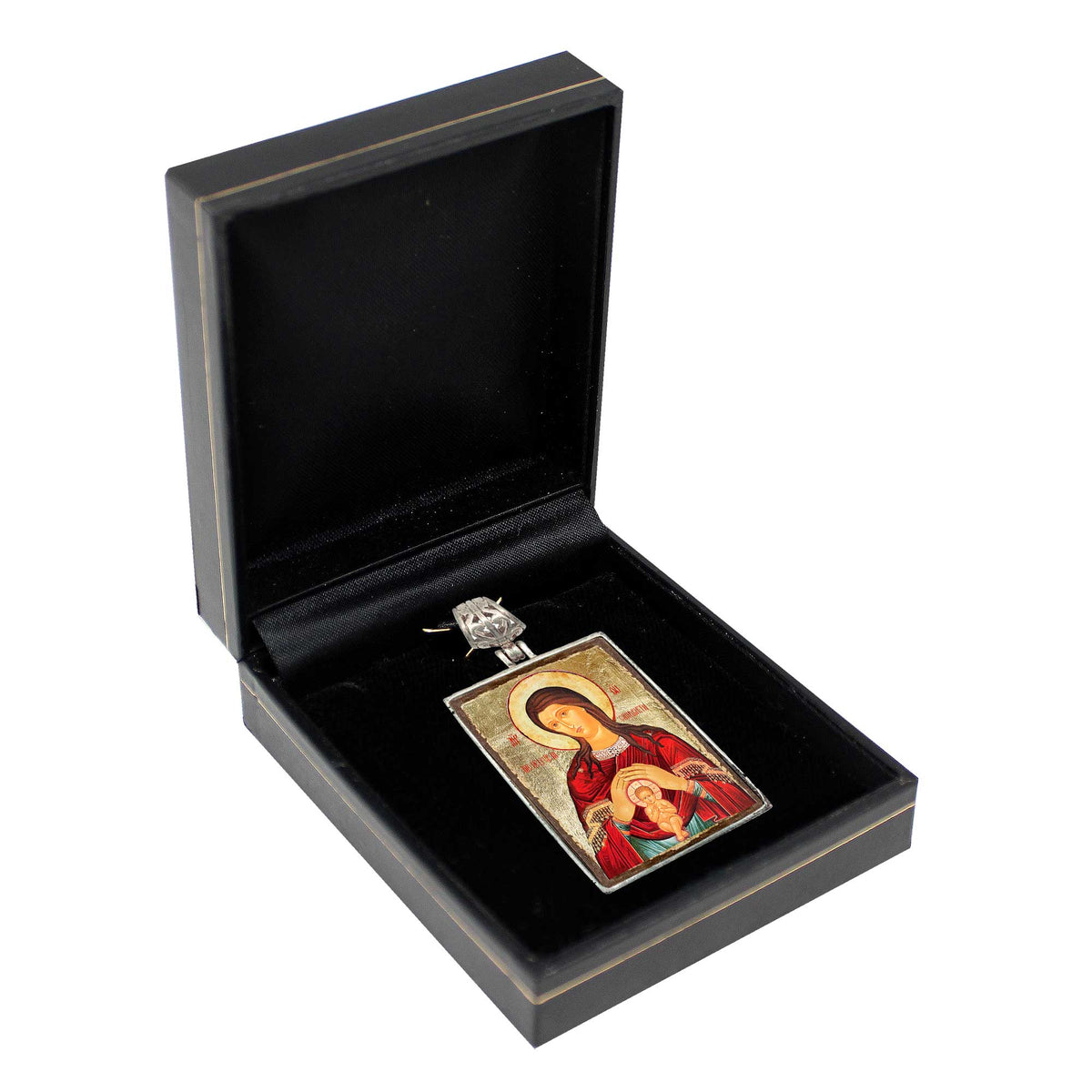 Blessed Virgin Mary Lifegiving Religious Jewelry Silver Plated Necklace, Gold-Plated Wooden Cabochon - Christian Icon - Inspirational Icon Decor - 43017R