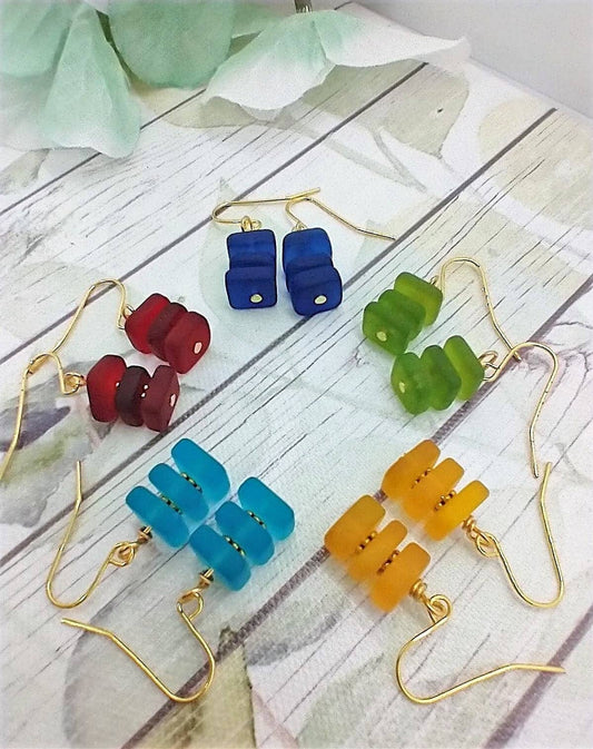 Bad Apple Designs Stacked Square Sea Glass, Gold Dangle Earrings