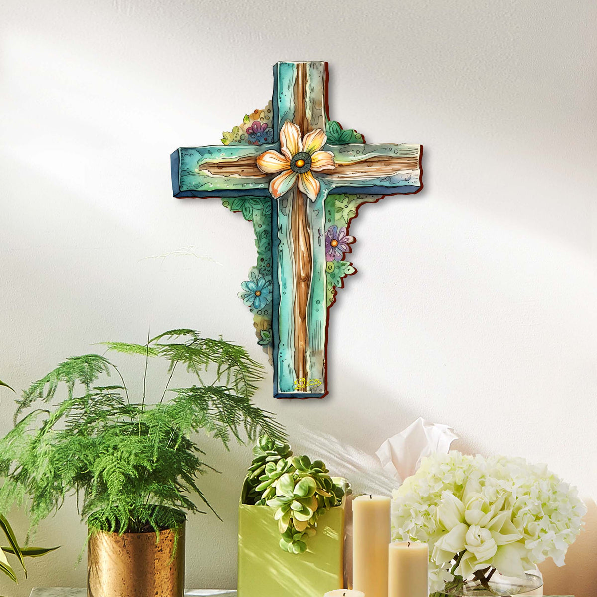 Teal Wooden Cross by G. Debrekht - Easter Spring Decor - 88164