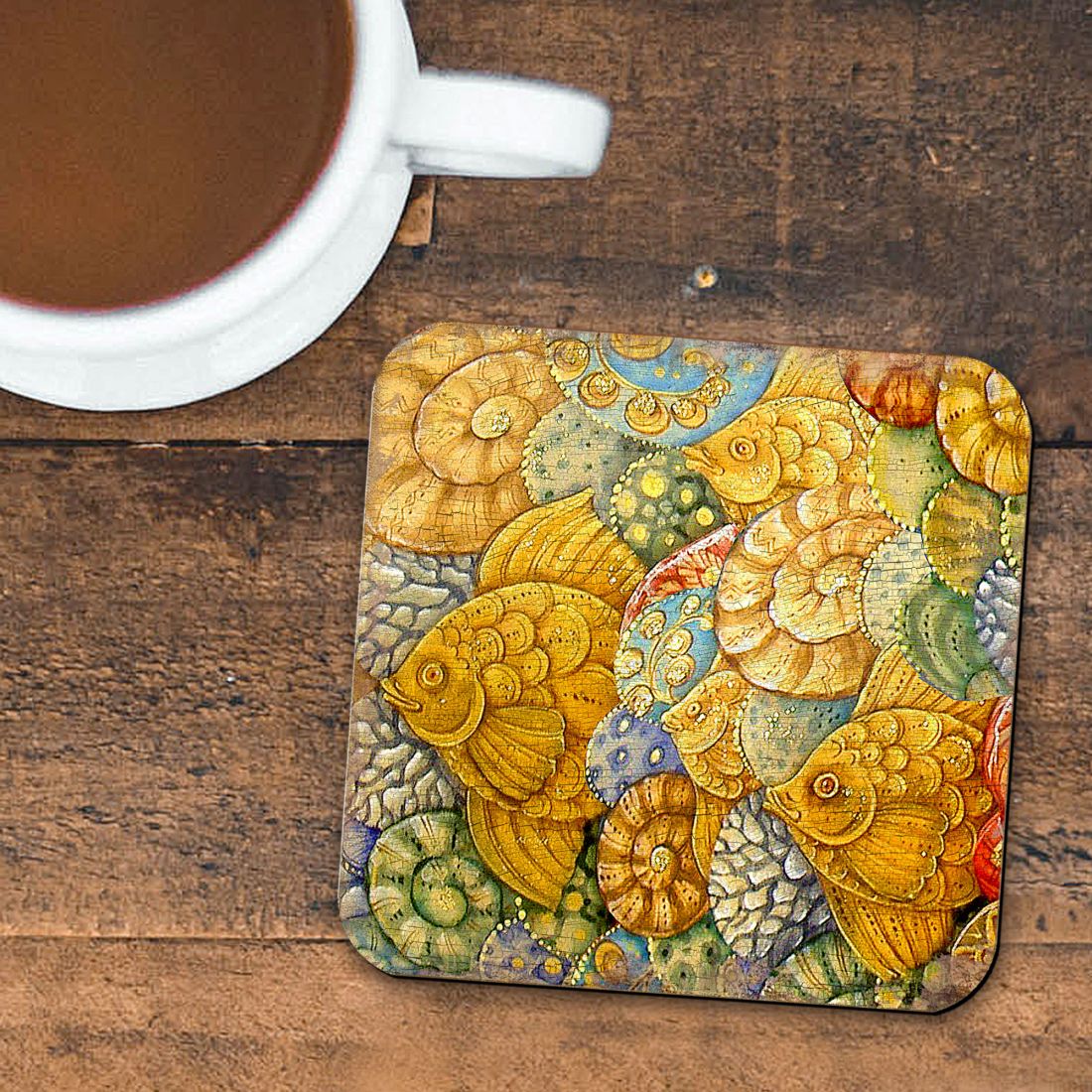 Fish Coastal Art Wooden Cork Coasters Gift Set of 4 by Nature Wonders - Nature Wildlife Decor  - 95018C-S4