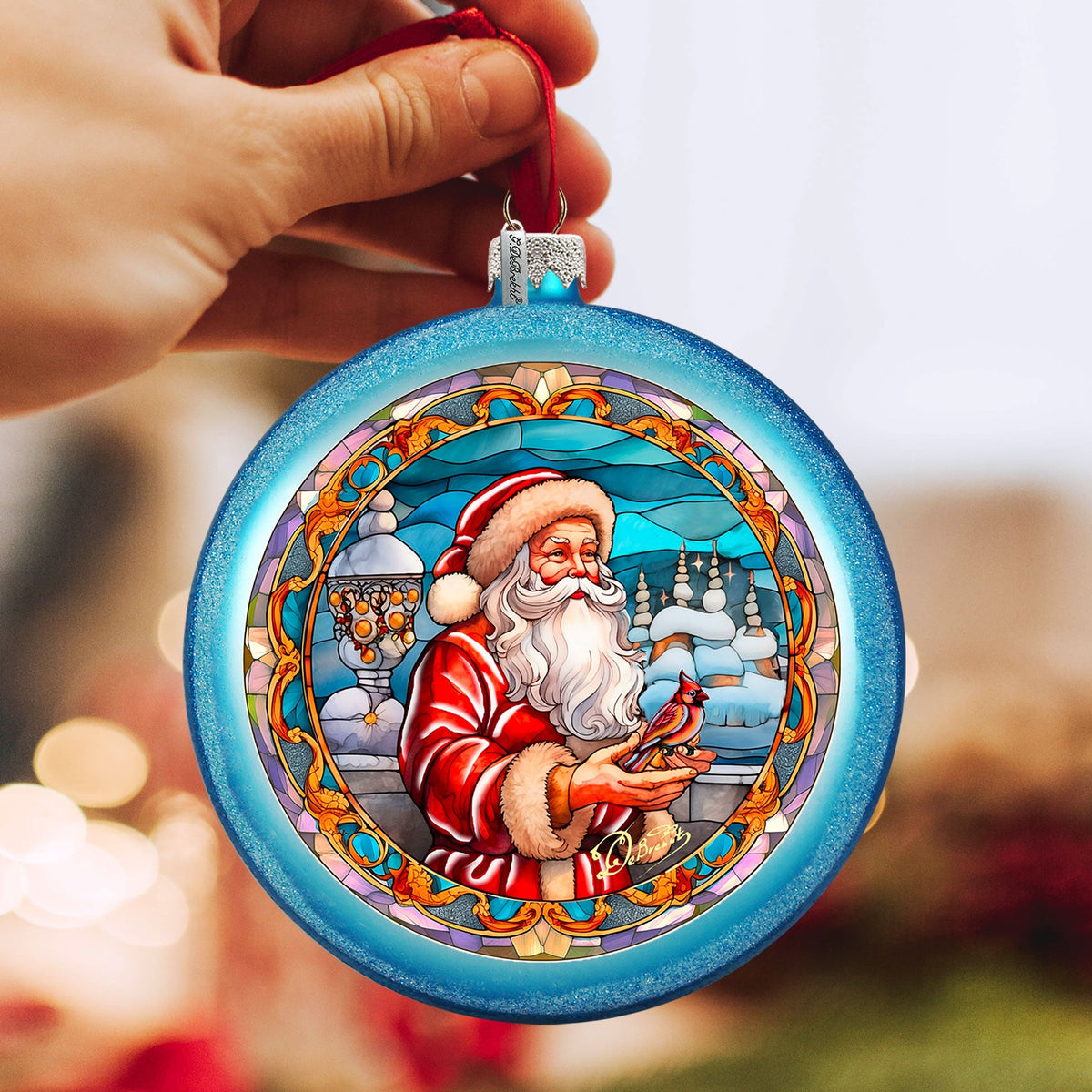 Santa's Red-feathered Friend Glass Ornament by G. DeBrekht - Christmas Santa Snowman Decor - 744-046
