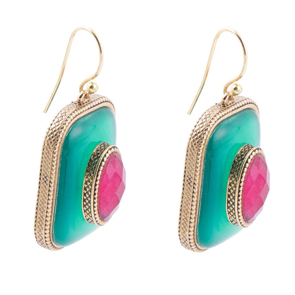 Green Onyx Stacked Red Stone Golden Drop Earrings