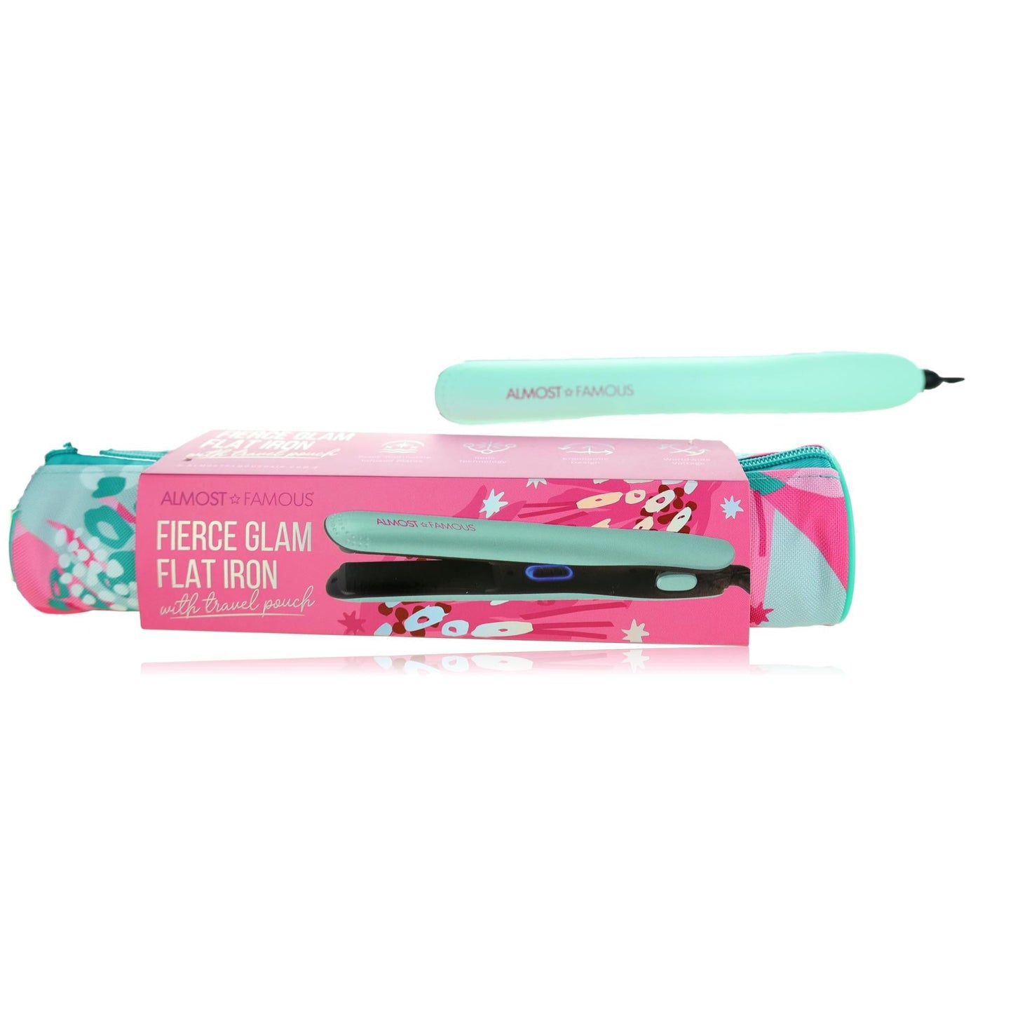 Fierce Glam, Flat Iron With Travel Pouch -Turquoise