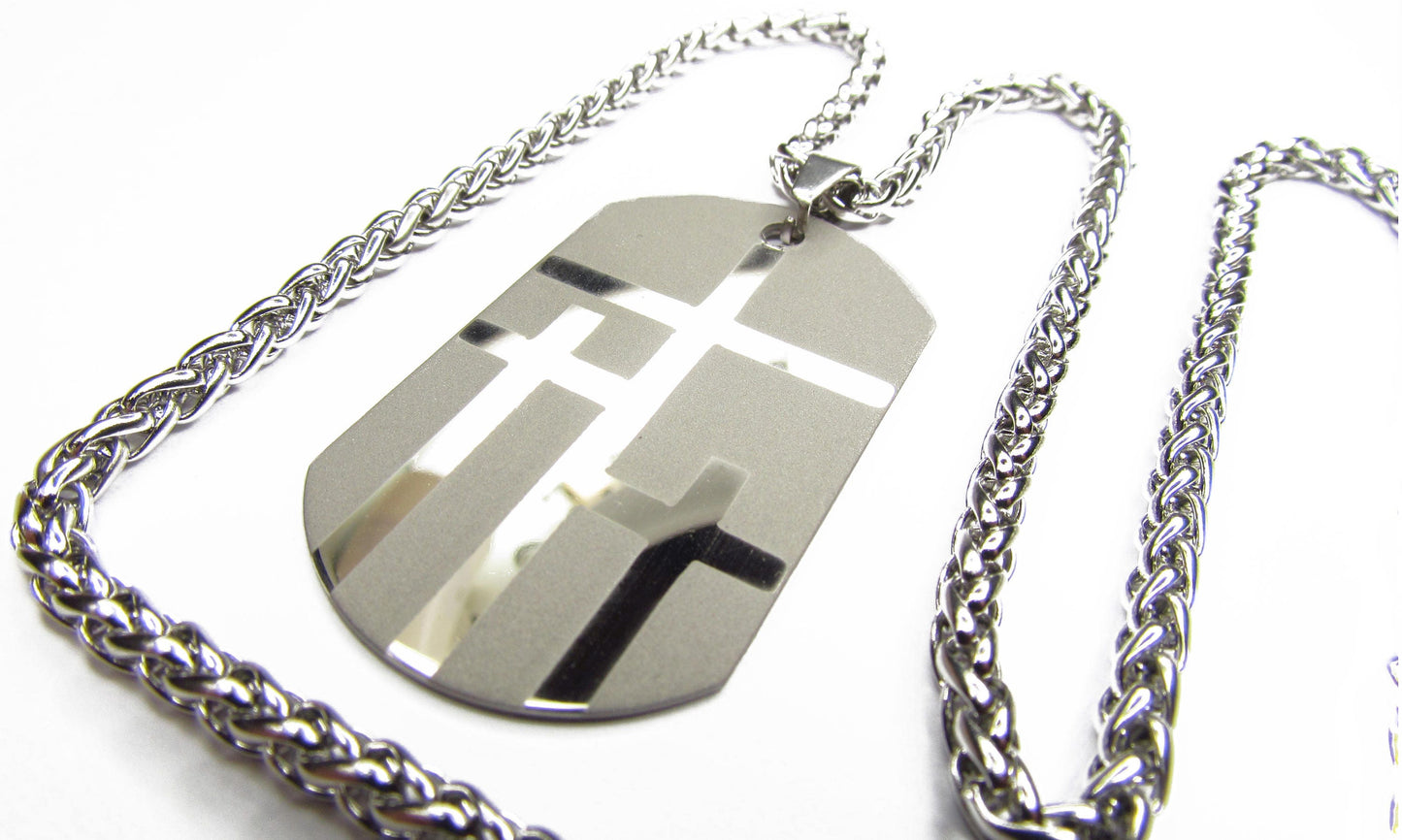 Large silver 3 crosses dog tag necklace handmade triple cross custom personalized waterproof stainless steel