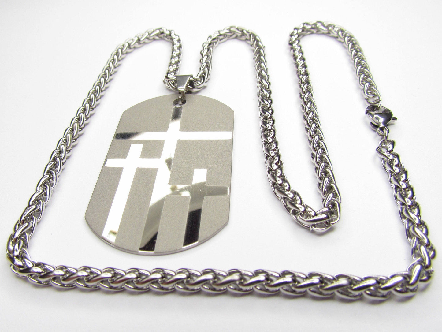 Large silver 3 crosses dog tag necklace handmade triple cross custom personalized waterproof stainless steel