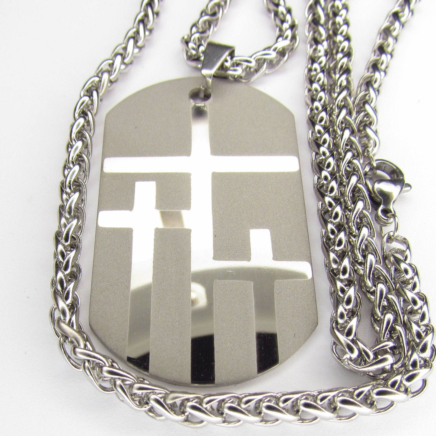 Large silver 3 crosses dog tag necklace handmade triple cross custom personalized waterproof stainless steel