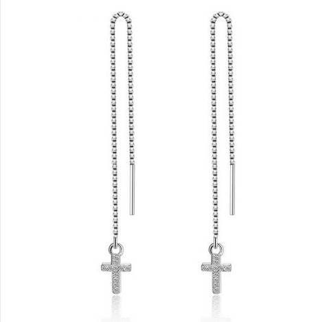 Silver Chain Cross Earrings with box chain through the earlobe design