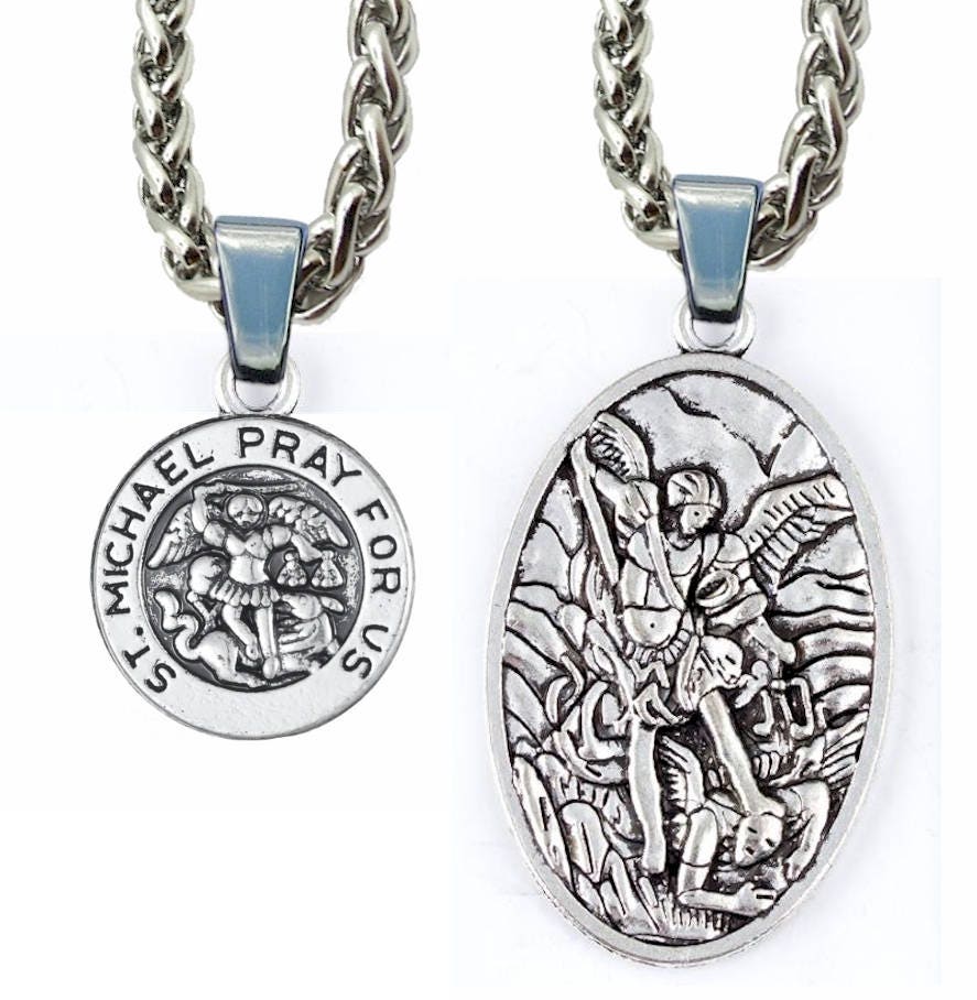 Saint Michael Medal Silver St Michaels Cast Medallion Firefighters Prayer Stainless Steel Chain Patron Saint of Police Officers Soldiers