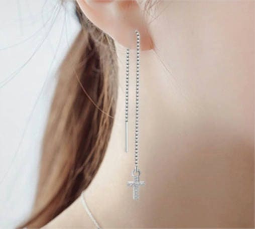 Silver Chain Cross Earrings with box chain through the earlobe design
