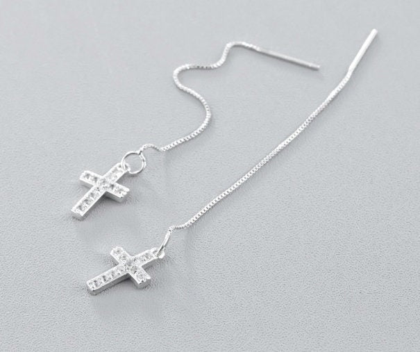 Silver Chain Cross Earrings with box chain through the earlobe design