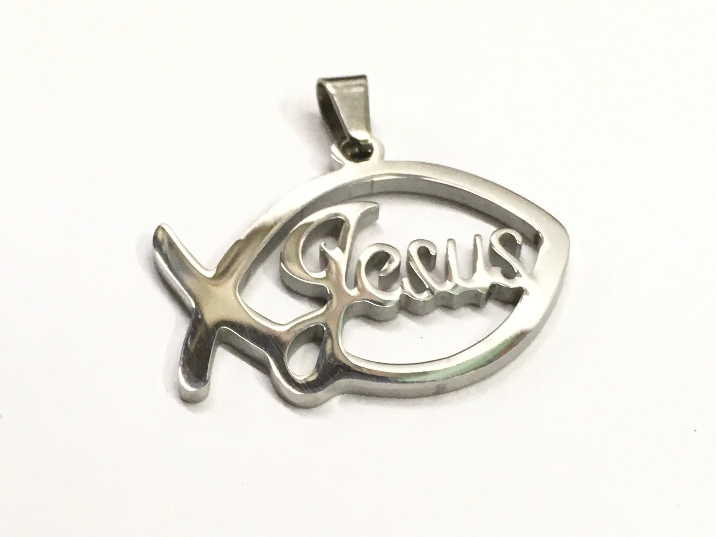 Fish Cross Necklace Cut with Jesus Silver Polished Pendant Ichthus Ichthys Greek Fish Outline Jesus Jewelry Jewellery