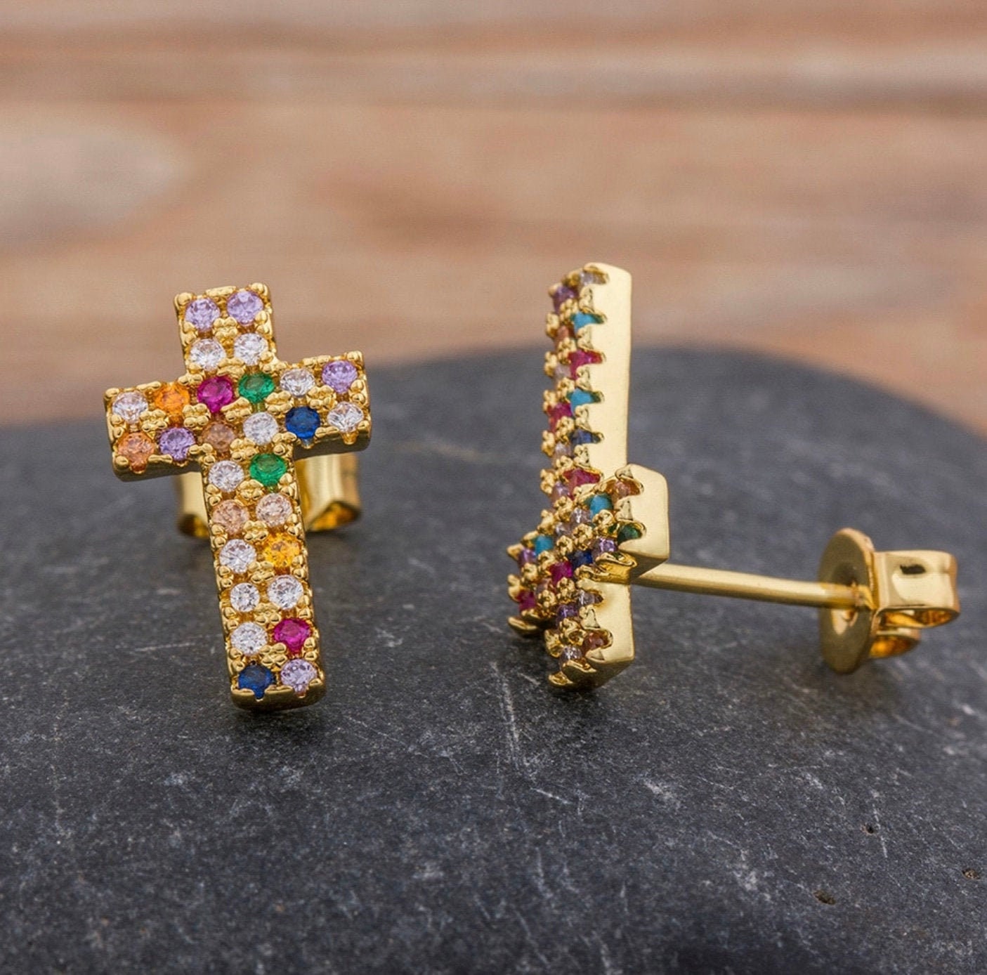 Multi Color CZ Gold Cross Earrings Weddings Bridesmaid Rainbow Stud Crosses for Women Girls jewellery jewelry