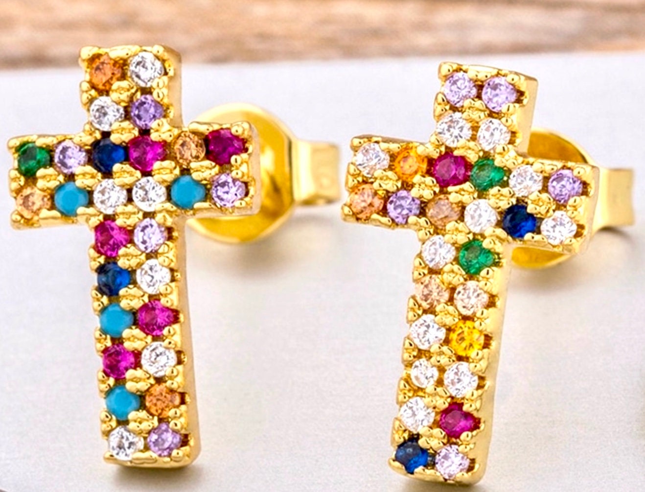 Multi Color CZ Gold Cross Earrings Weddings Bridesmaid Rainbow Stud Crosses for Women Girls jewellery jewelry
