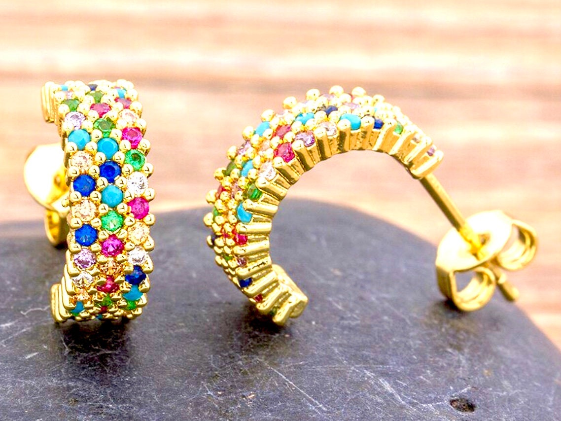 Multi color CZ gold hoop cuff earrings for weddings bridesmaid stud inlay for women girls rainbow colors jewellery jewelry