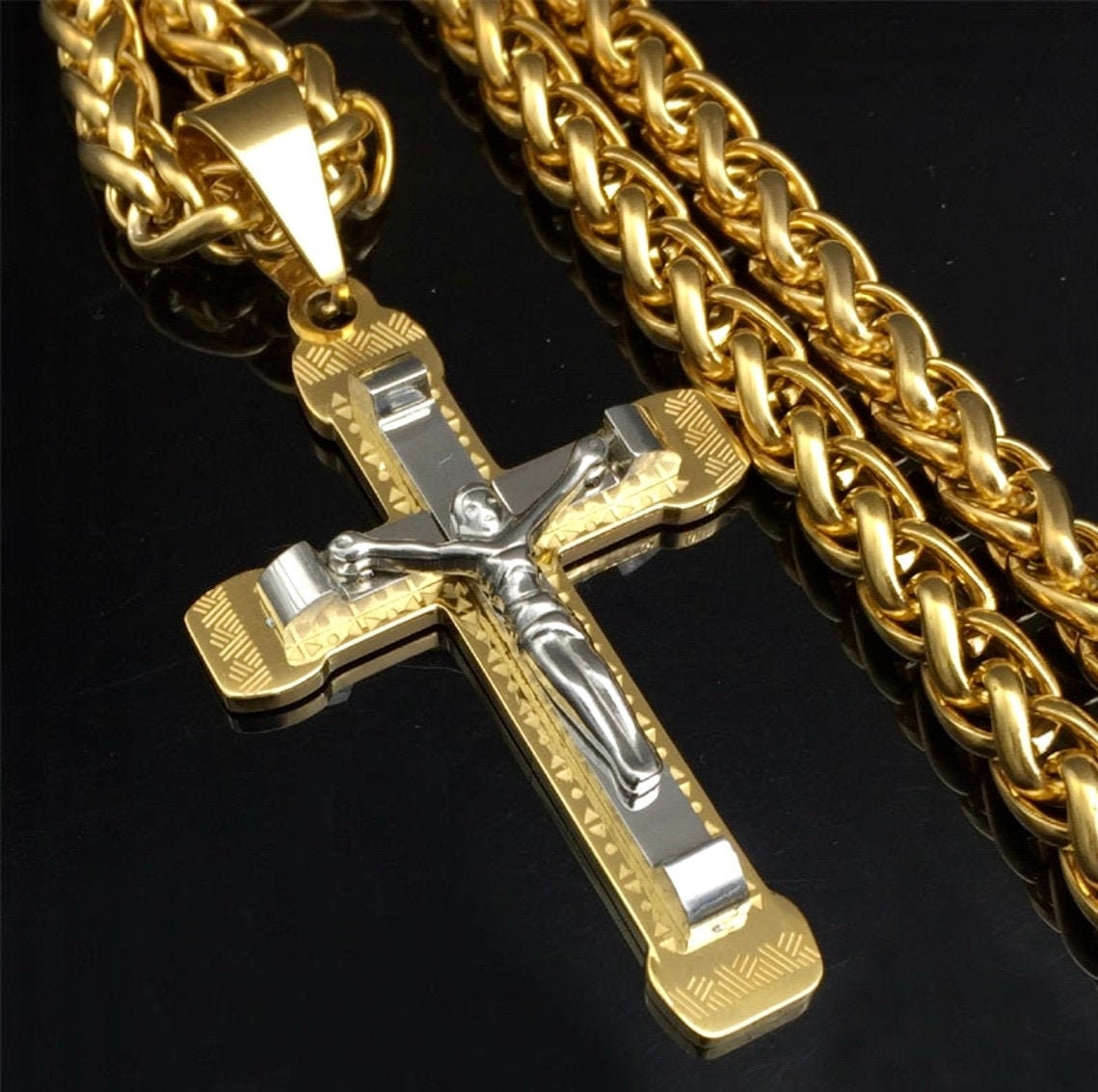 Scrolled Cross Crucifix Necklace with Byzantine Chain Stainless Steel Gothic Silver Gold Heavy Catholic Waterproof Jewelry