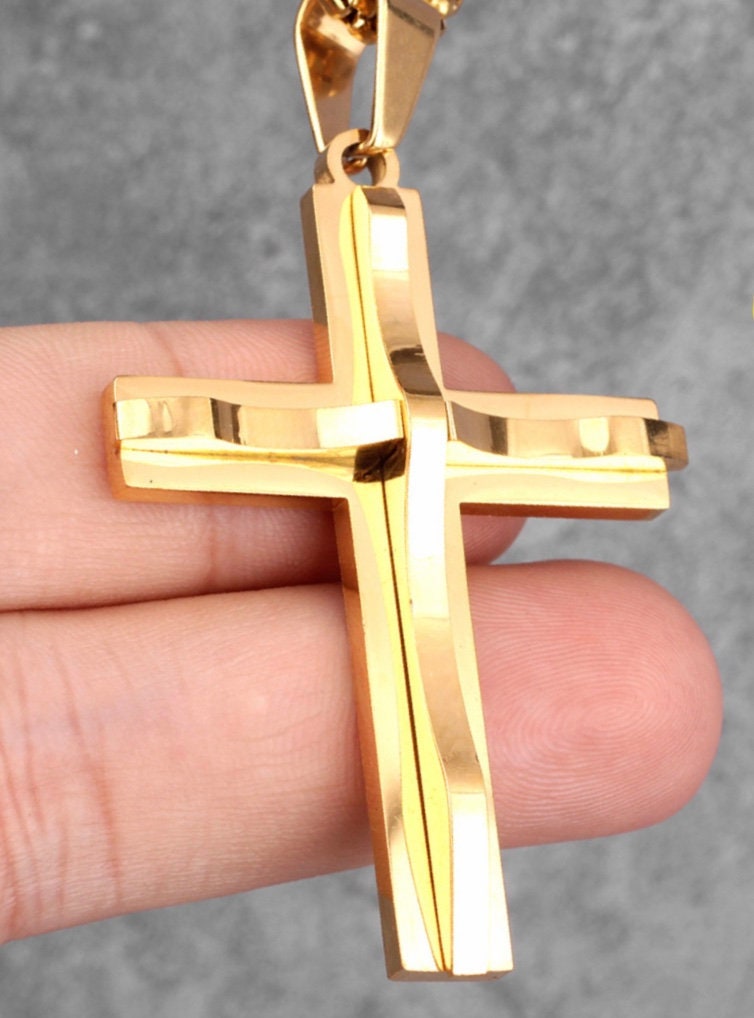 Thick Cross Necklace Heavy Black Gold Silver Prayer Cross Super Thick Waterproof Chain Crazy Design Pendant Catholic Crucifix Jewelry