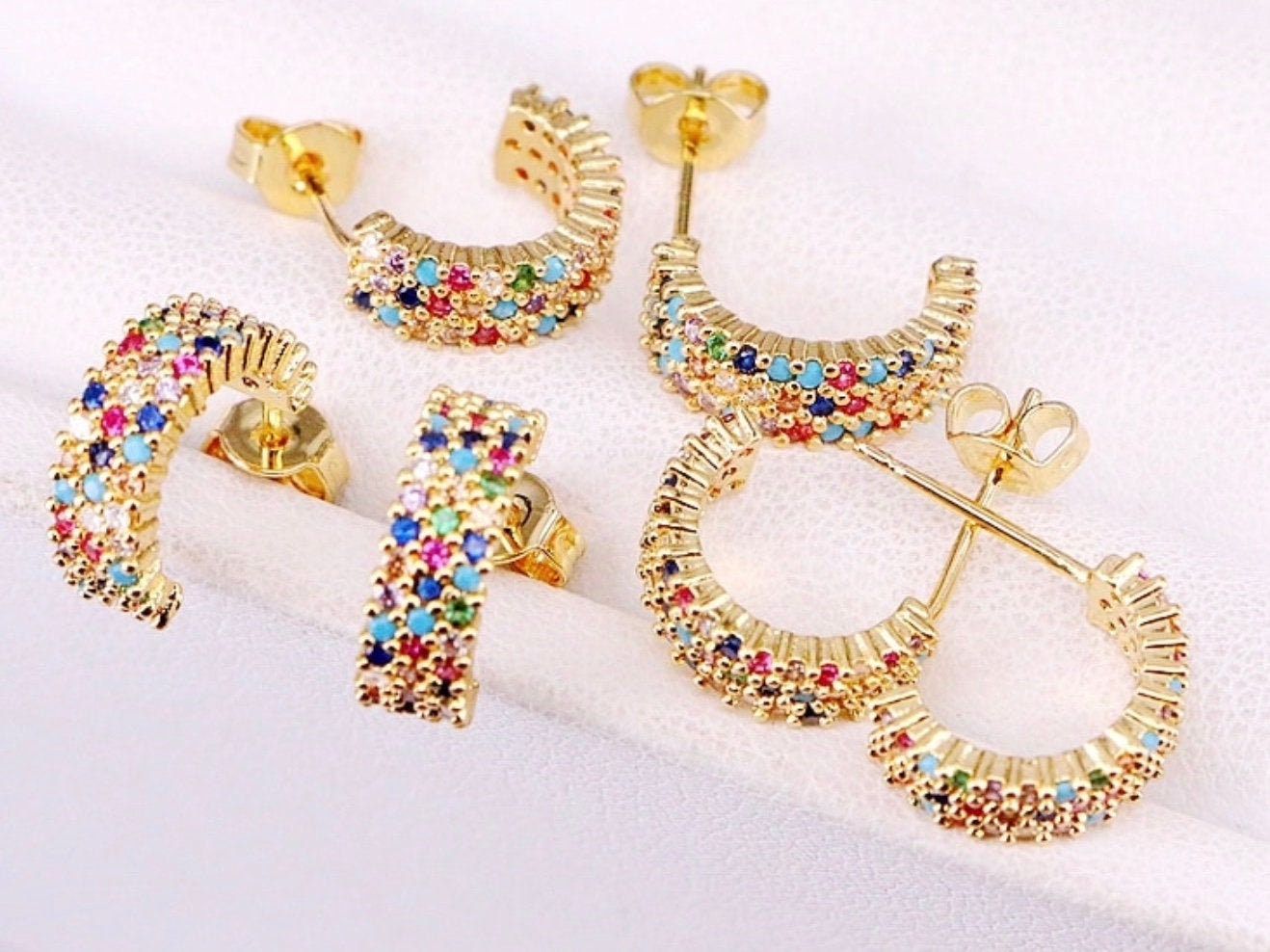 Multi color CZ gold hoop cuff earrings for weddings bridesmaid stud inlay for women girls rainbow colors jewellery jewelry