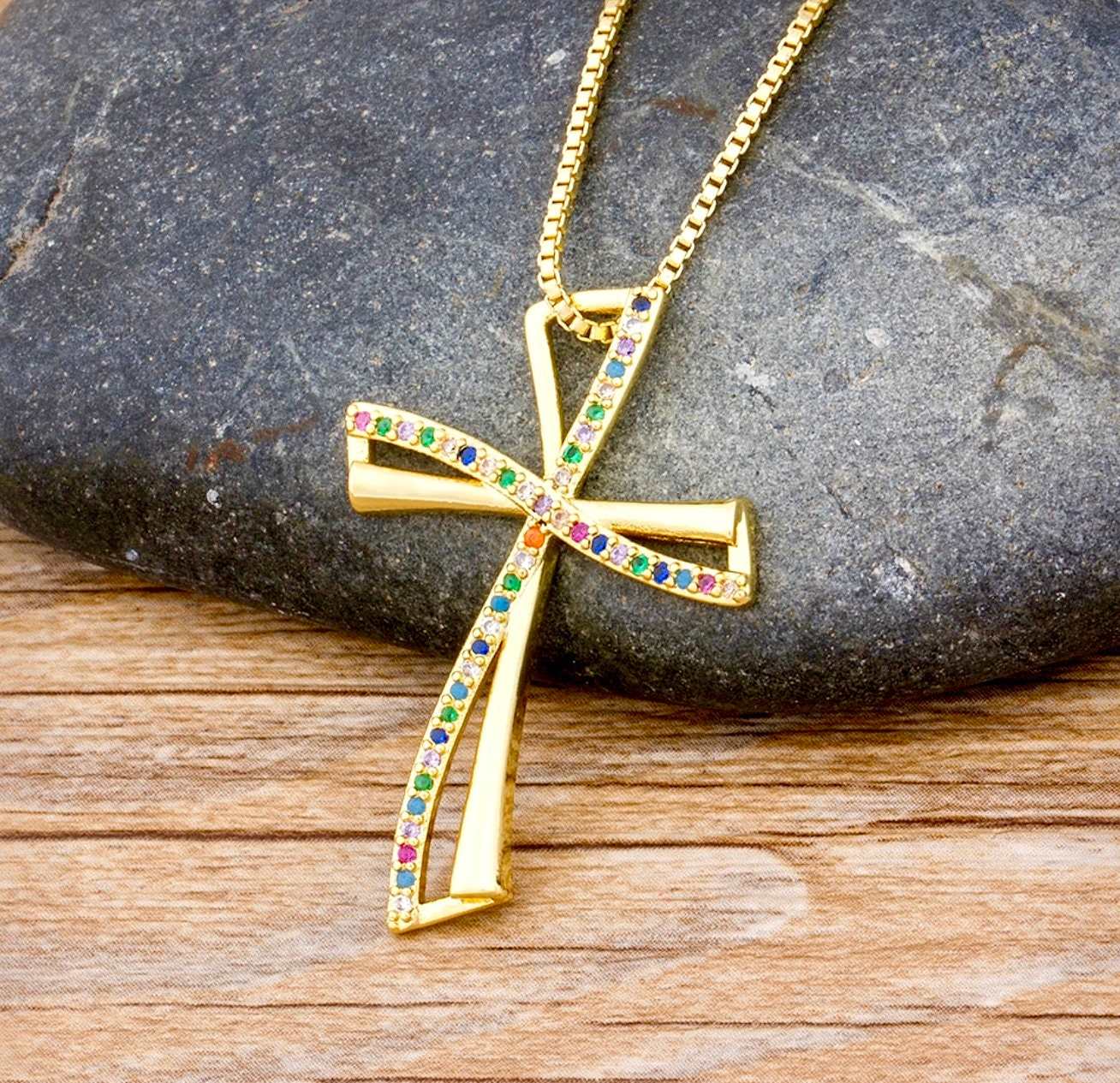 Infinity Swirl Cross Necklace Inset Rhinestones CZ Look Gold Silver Classic Hollow Swirl Jewelry for Women Jewellery for Girls