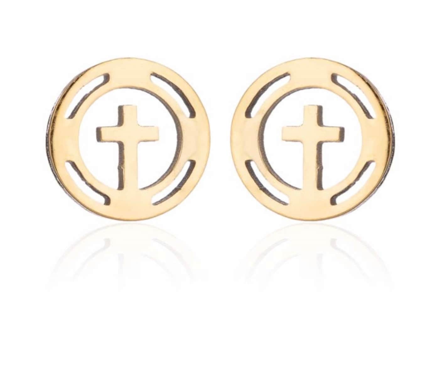 Dainty round Cross Stud Earrings Hypoallergenic Waterproof Stainless Steel Round Silver Gold Black Circle for Girls Women Post Wedding