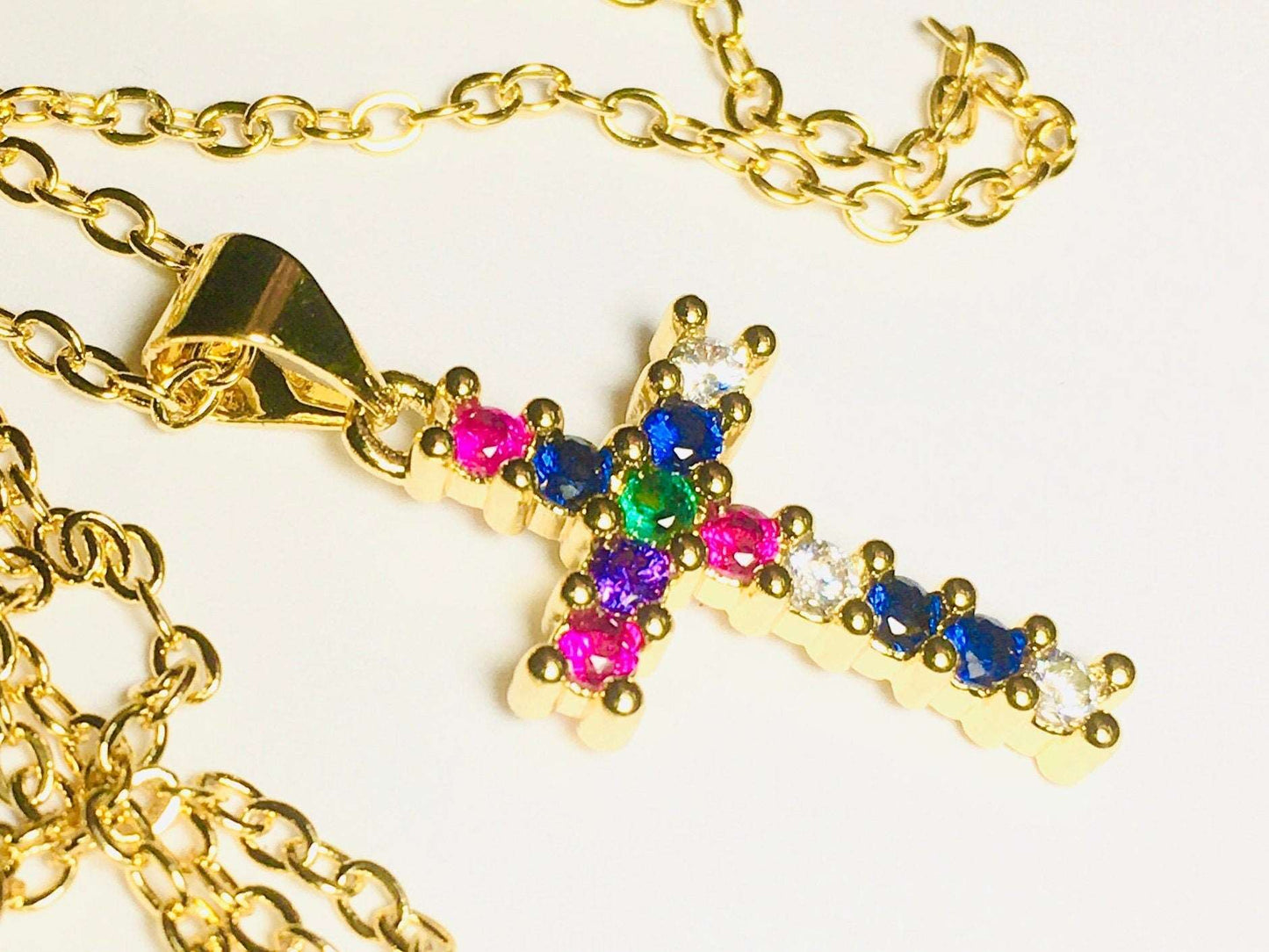 Gold Cross Necklace Pendant with Multi Color inset Zircons CZ