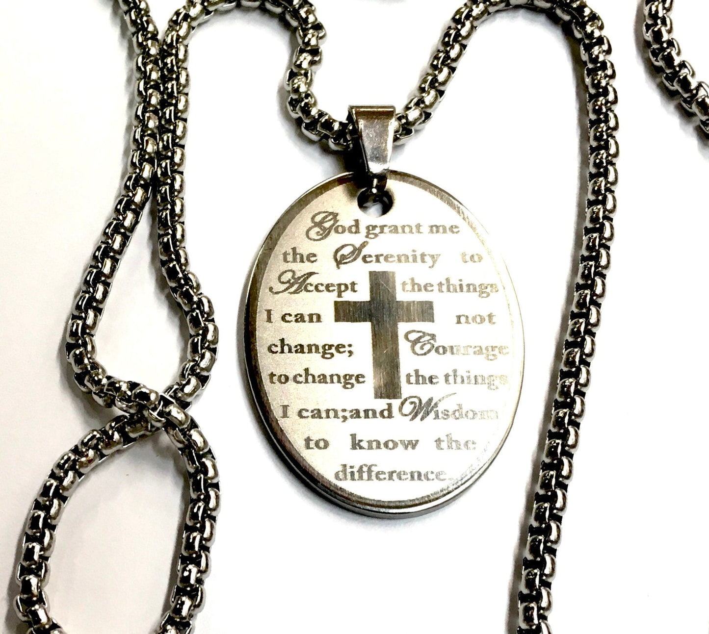 Serenity Prayer Necklace Etched Oval Silver Cross Necklace for Men Woman Stainless Steel Chain Cross of Christ Christian Jewelry