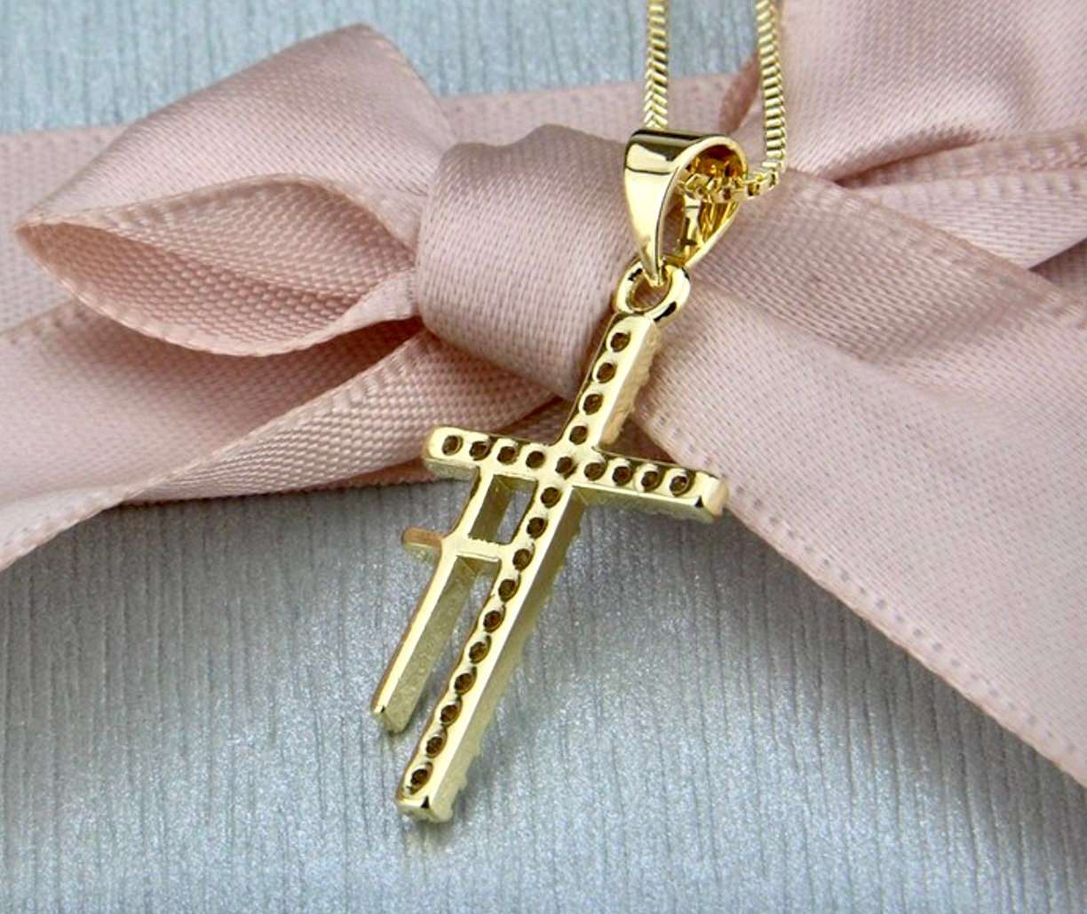 Double 2 cross necklace gold my redeemer lives two crosses CZ pendant for woman zircon jewelry