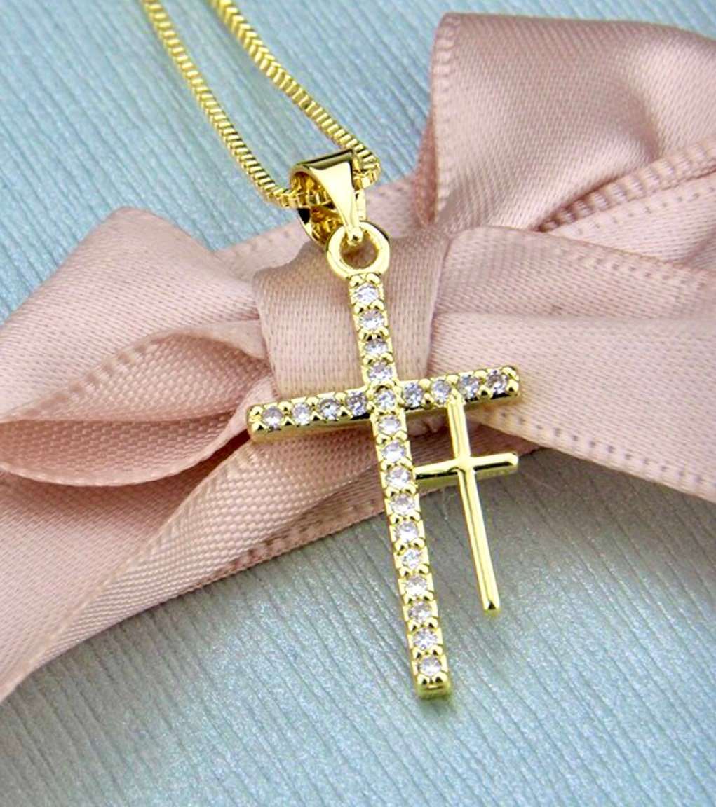 Double 2 cross necklace gold my redeemer lives two crosses CZ pendant for woman zircon jewelry