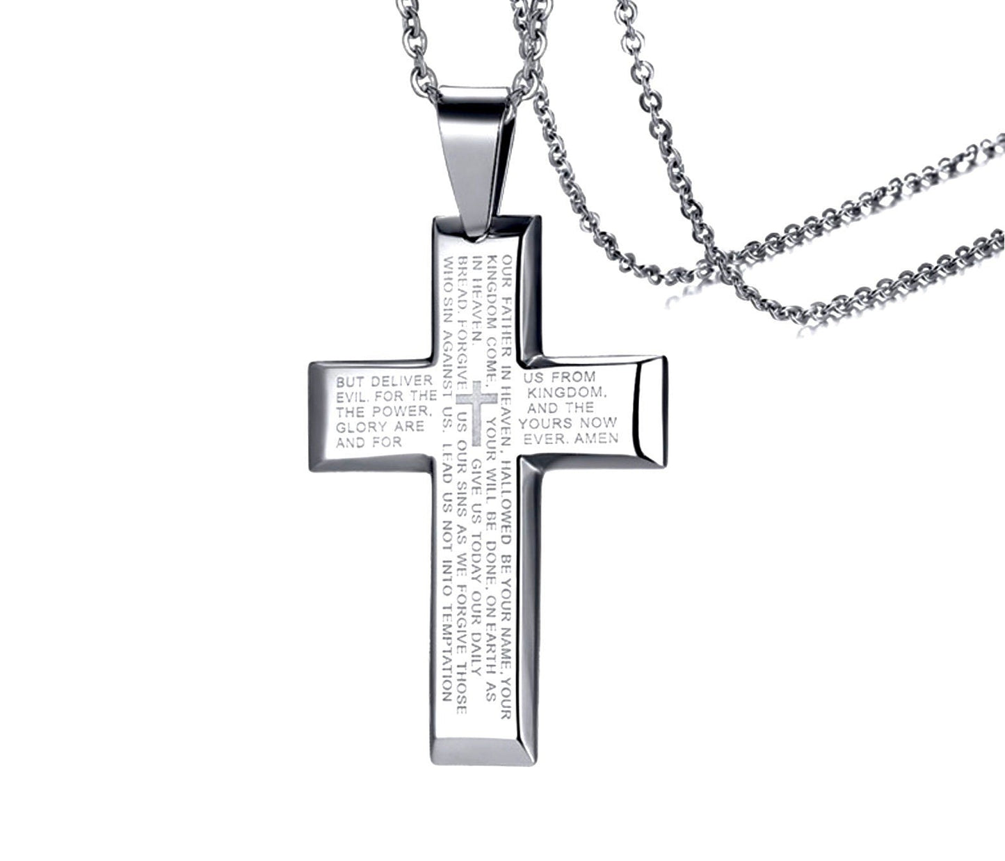 Heavy Lords Prayer Crucifix Cross Necklace for Men Silver Heavy Waterproof Stainless Steel Wheat Chain Jewelry Boys Catholic Cross of Jesus