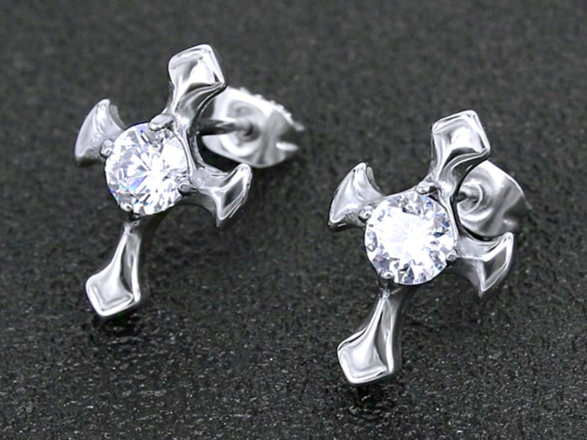 Mens Large Zircon Cross Earring Stud for Women Men Waterproof Hypoallergenic Stainless Steel Silver Stainless Steel Crucifix Hip Hop Punk