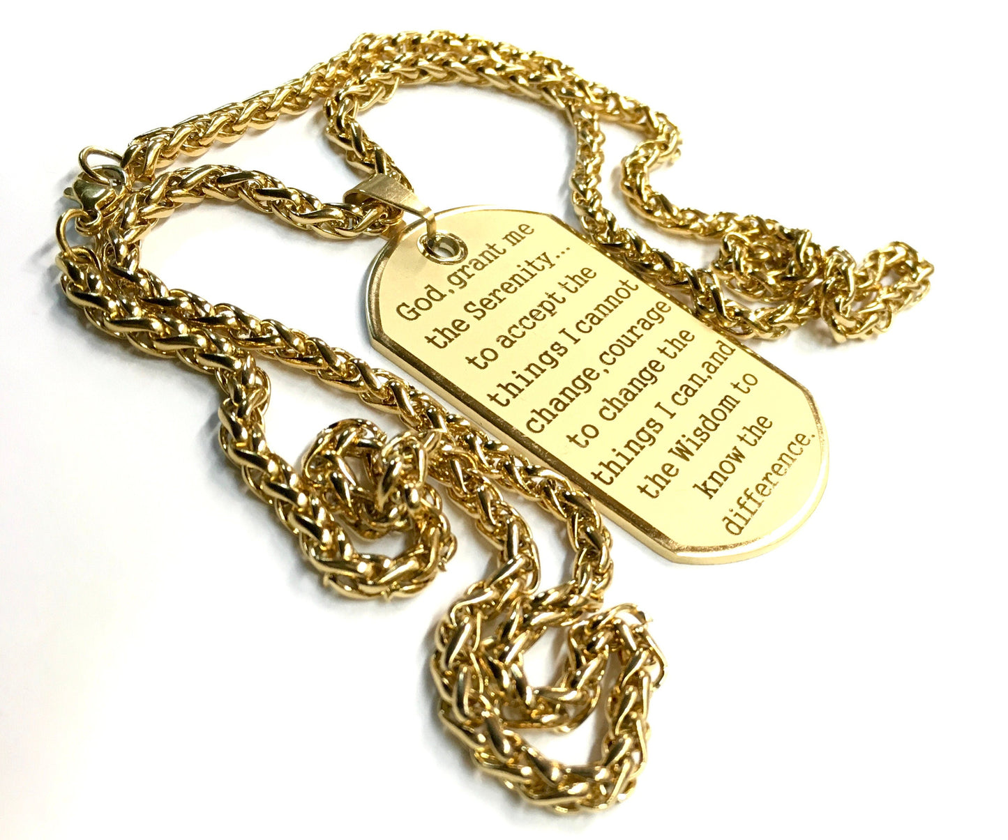 Raised Lettering Serenity Prayer Necklace Dog Tag Gold Silver Thick Chain Exclusive Design Pendant for Mens Boys Waterproof Stainless Steel