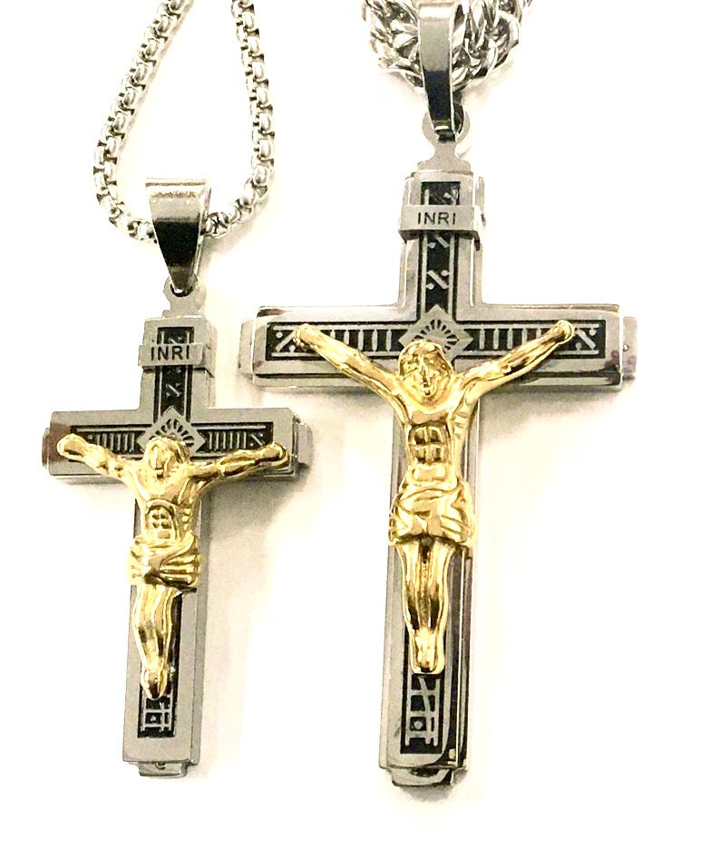 Large gothic crucifix cross necklace for men silver and gold heavy stainless steel waterproof thick curb chain jewellry INRI Jesus