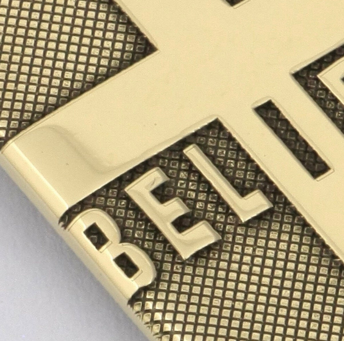 Solid brass BELIEVE dog tag cross necklace pendant detail engraved cross hatch biker heavy box chain jewelry
