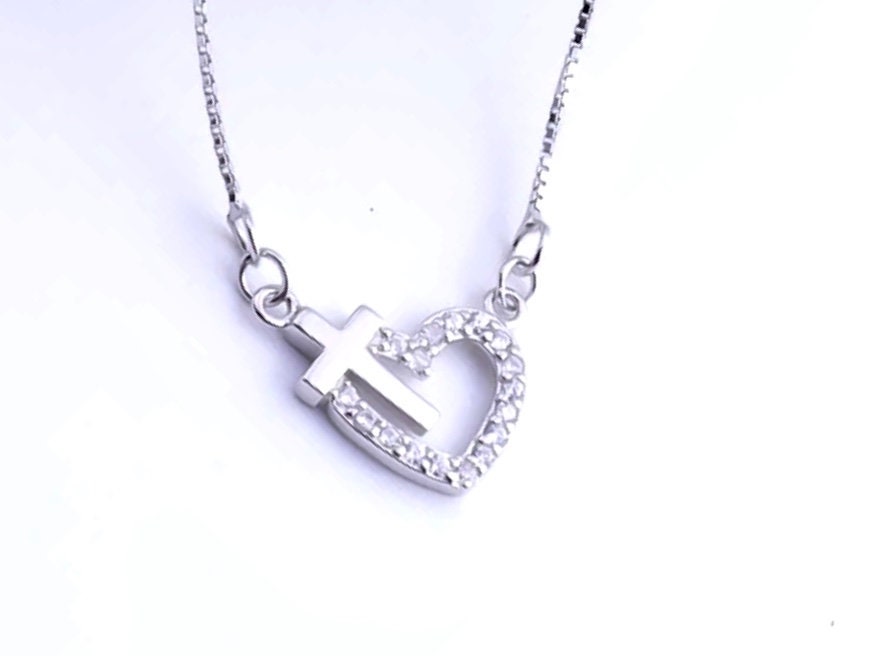 Solid Sterling Silver Open Heart Cross Necklace Crystal CZ Zircons S925 Petite Interior Cross Jewelry for Woman Sacred Heart of Jesus