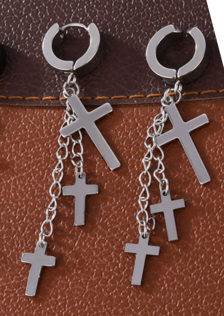 Multi 3 Cross Earrings Gold Black Silver Chain Mens Hipster Club Dance Punk Earrings Waterproof Hypoallergenic Dangle Long Drop Jesus